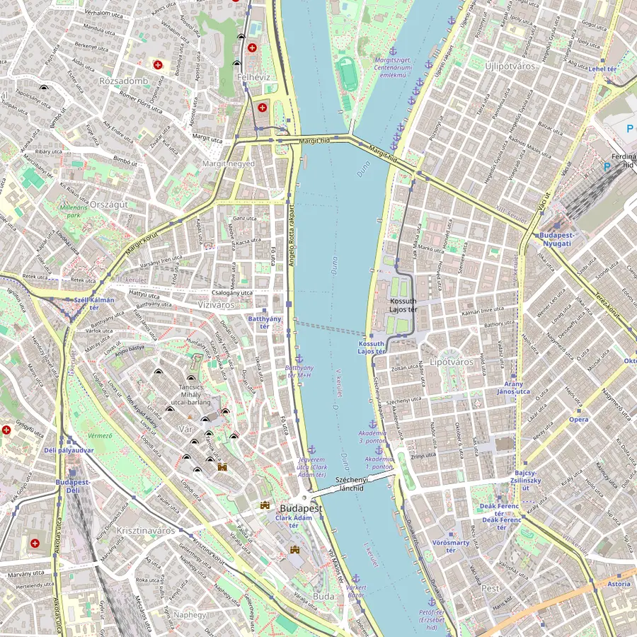 Map of the Danube in Budapest from Margaret Bridge to the Chain Bridge, with the Parliament, the shoe memorial, the Gresham Palace and the Fisherman’s Bastion