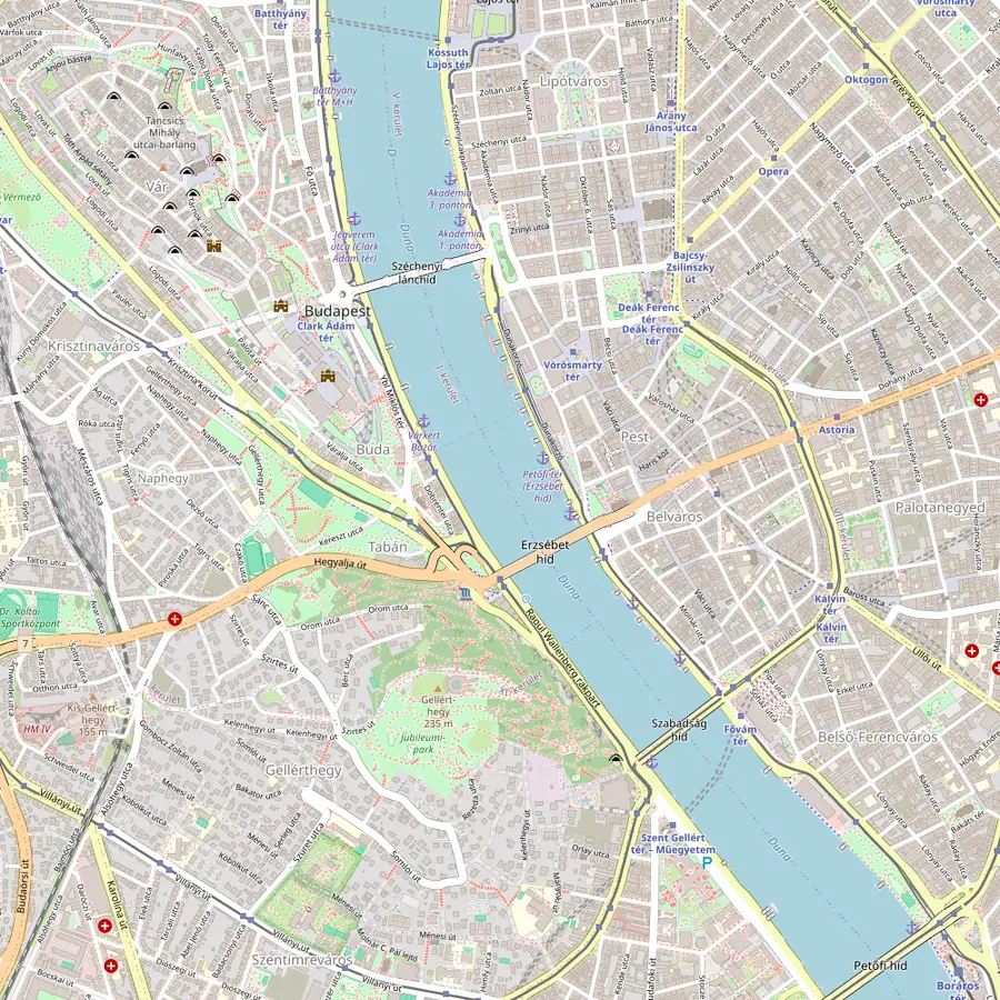 Map of the Danube in Budapest from the Chain Bridge to Liberty Bridge, with Buda Castle, the Várkert Bazár, the Pesti Vigadó, Elisabeth Bridge and the Liberty Statue